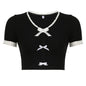 Sweet Fresh Contrast Color Bow Lace Stitching T shirt Girl All Matching Youthful Looking Short V neck Slim Fit Short Top