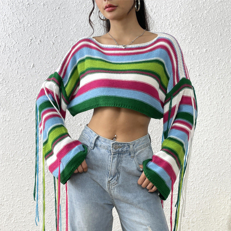 Women Rainbow Striped Fringed Sweater Sexy Ultra Short Cropped Loose Sweater