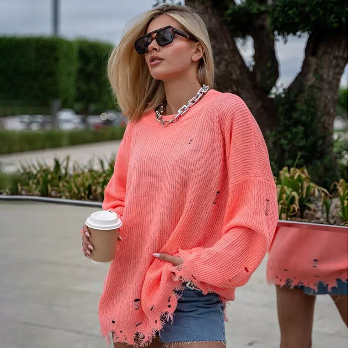 Arrival Knitted Round Neck Loose Hole Mid Length Long Sleeve Sweater Sweater