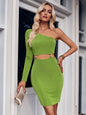 Autumn Winter Women Casual Solid Color One-Shoulder Waist Hollow Out Cutout Sheath Dress Women