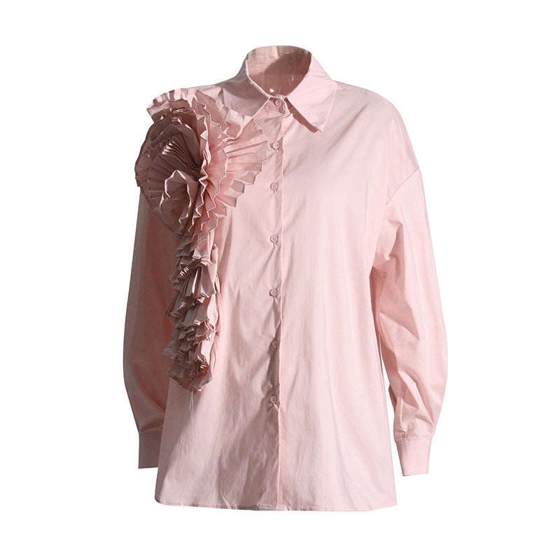 Autumn Loose Casual Design Three-Dimensional Floral Stitching Personalized Minority Solid Color Shirt for Women