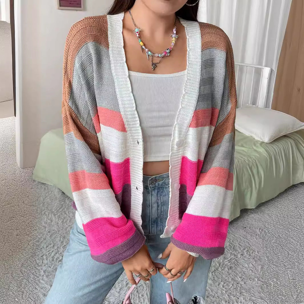 Sweater Cardigan Striped Coat Autumn Winter Women Buckle Free Knitted Coat