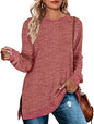 Women Clothing Long Sleeve round Neck Multicolor Split Top Loose Casual Pullover T-shirt