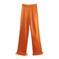 Spring Women Clothing Solid Color Orange Feather Decoration Casual Straight Pants Trousers