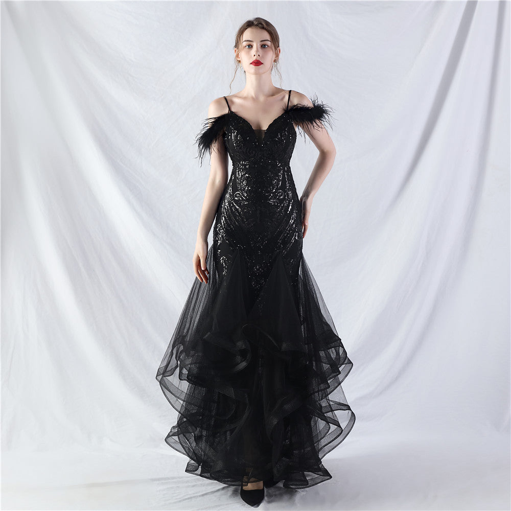 Craft Order Ostrich Feather Hard Mesh Positioning Floral Sequin Stitching Mesh Dance Performance Dress