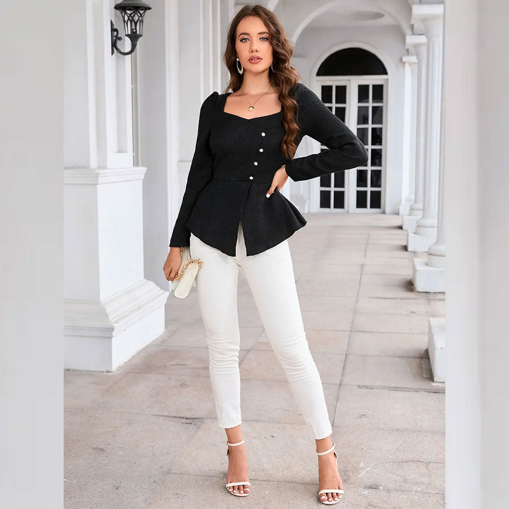 Black White Shirt Long Sleeve Spring Autumn Square Neck Cinched Pullover Top Women Shirt