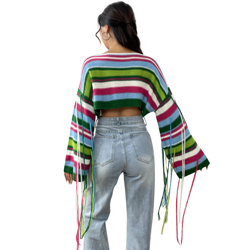 Women Rainbow Striped Fringed Sweater Sexy Ultra Short Cropped Loose Sweater