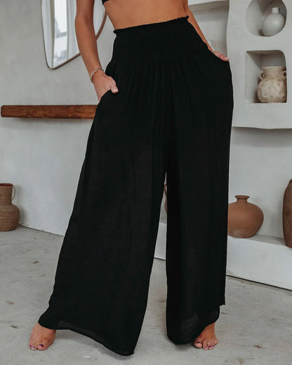 Spring Summer Cotton Wide Leg Pants Loose Elastic Pocket Casual Pants Trousers