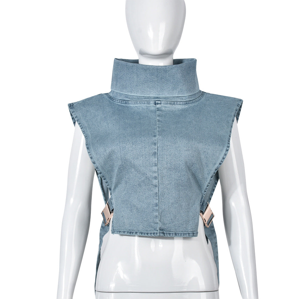 Women Clothing Denim Washed Pile Collar Sleeveless Workwear Short Vest for Women