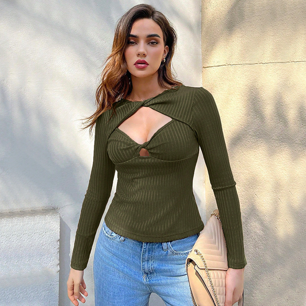 Women Clothing Autumn Winter Design Hollow Out Cutout Long Sleeved Sweater with Niche Slim Fit Crop Top