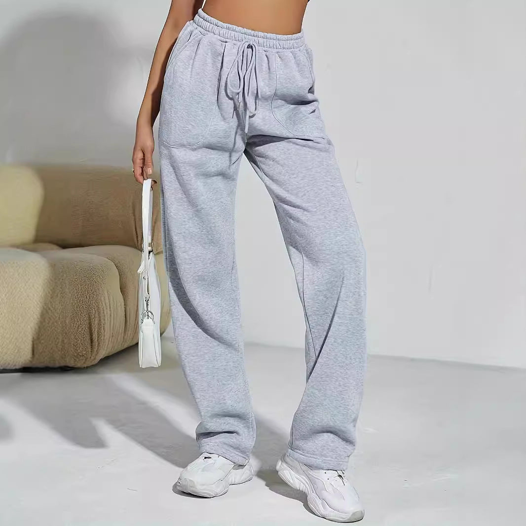 Gray Sports Pants Women High Waist Slimming Drooping Straight Lace Up Sweatpants Women