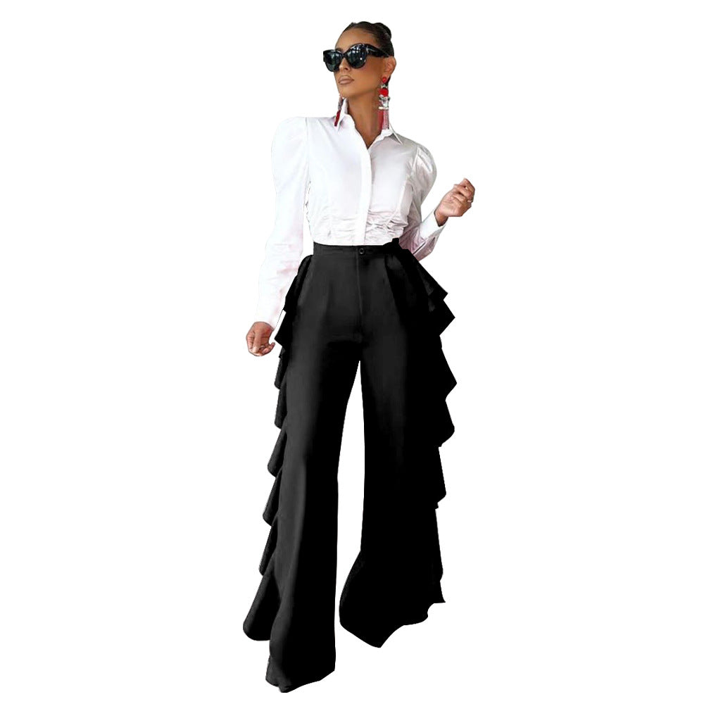 Women Ruffled High Waist Wide Leg Pants