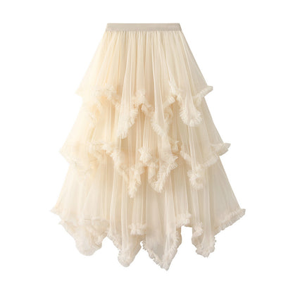 Wooden Ear Irregular Asymmetric Mesh Tiered Skirt Mid Length High Waist Big Swing Puffy Fairy Gauze Dress Long Skirt