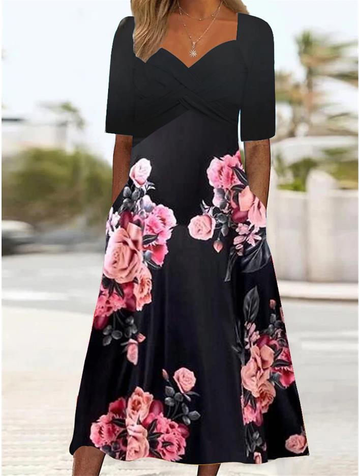 Autumn Spring Women Elegant Butterfly Print Midi Dress