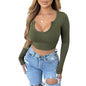 Women Clothing Nightclub Comfortable Solid Color Sunken Stripe U Neck Long Sleeved Short Top