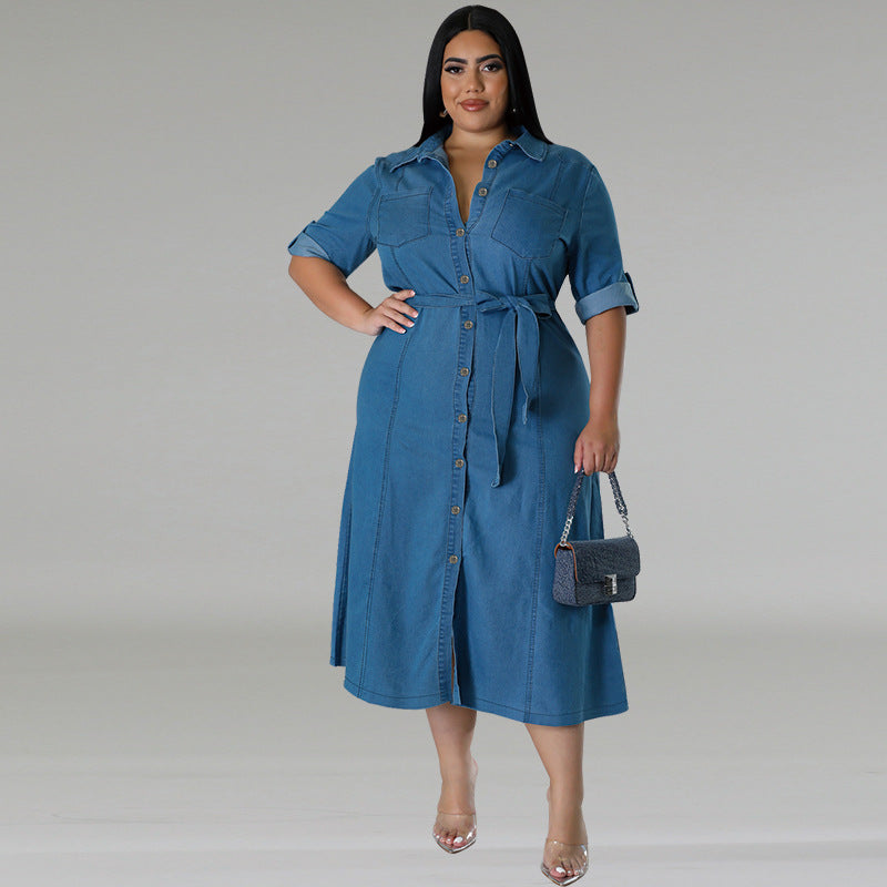 Plus Size Women Clothing Denim Collared Long Sleeve Tied Mid Length Dress