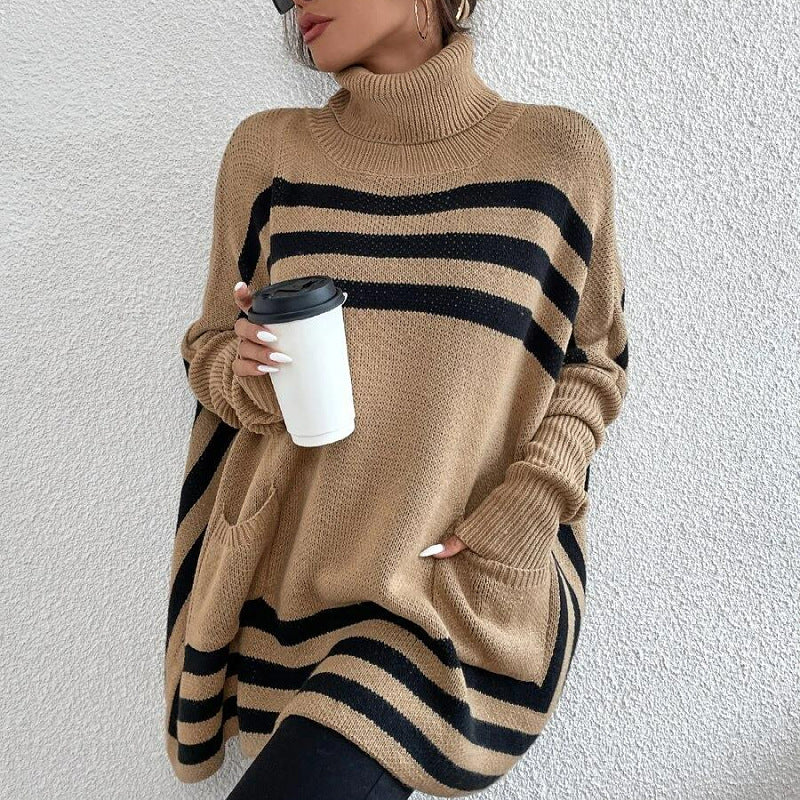 Knitted Women Clothing Turtleneck Striped Batwing Sleeve Cape Shawl Sweater Coat Women