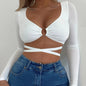 Summer Sexy Bare Cropped Slim Fit Top Solid Color All-Matching Lace-up Hollow Out Cutout V-neck Long Sleeve T-shirt Women Clothing