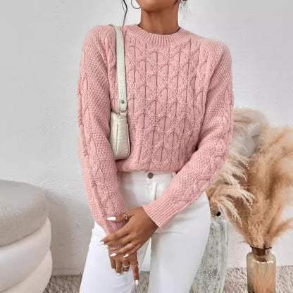 Autumn Winter Solid Color Knitted Top Women Clothing Twist Thread round Neck Long Sleeve Sweater for Women