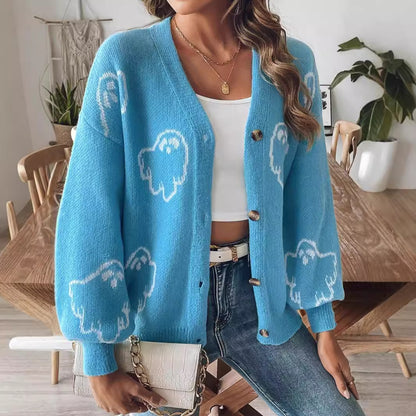 Halloween Sweater Coat Women Clothing Loose Casual Button Sweater Cartoon Jacquard Cardigan Women