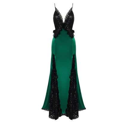 Gothic Sequin Lace Satin Dress Black Patchwork Vintage Green Maxi Dress Women Clothing Dress