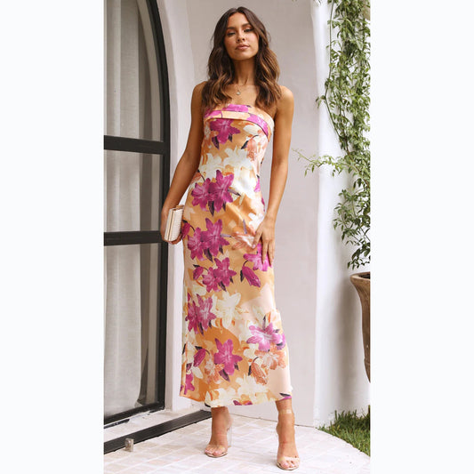 Spring Summer Sexy Sexy Floral Print Wrapped Chest Midi Dress