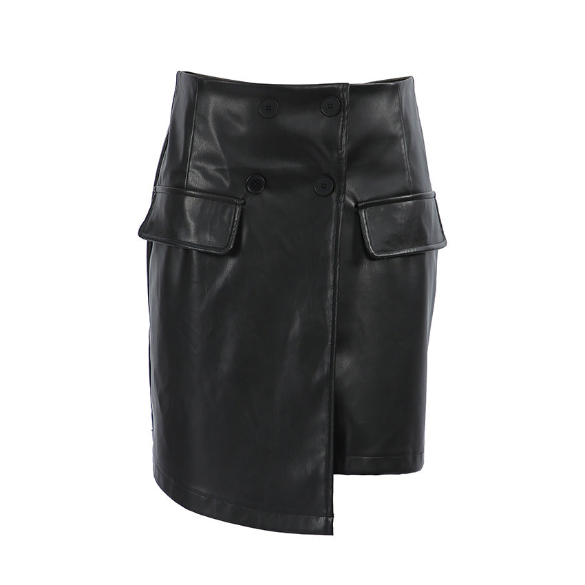 Sexy Slim Hip Fleece lined Artificial Leather A Swing High Waist Leather Skirt Autumn Skirt Women