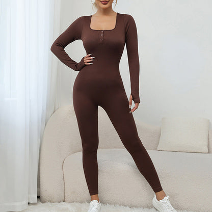 Square Collar Button Long Sleeve Yoga Jumpsuit Women Sports Fitness Training Dance Peach Hip