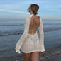 Crocheted Hollow Out Cutout Long Sleeved Dress Lace up Seaside See Tight Lace Backless Sexy Short Dress