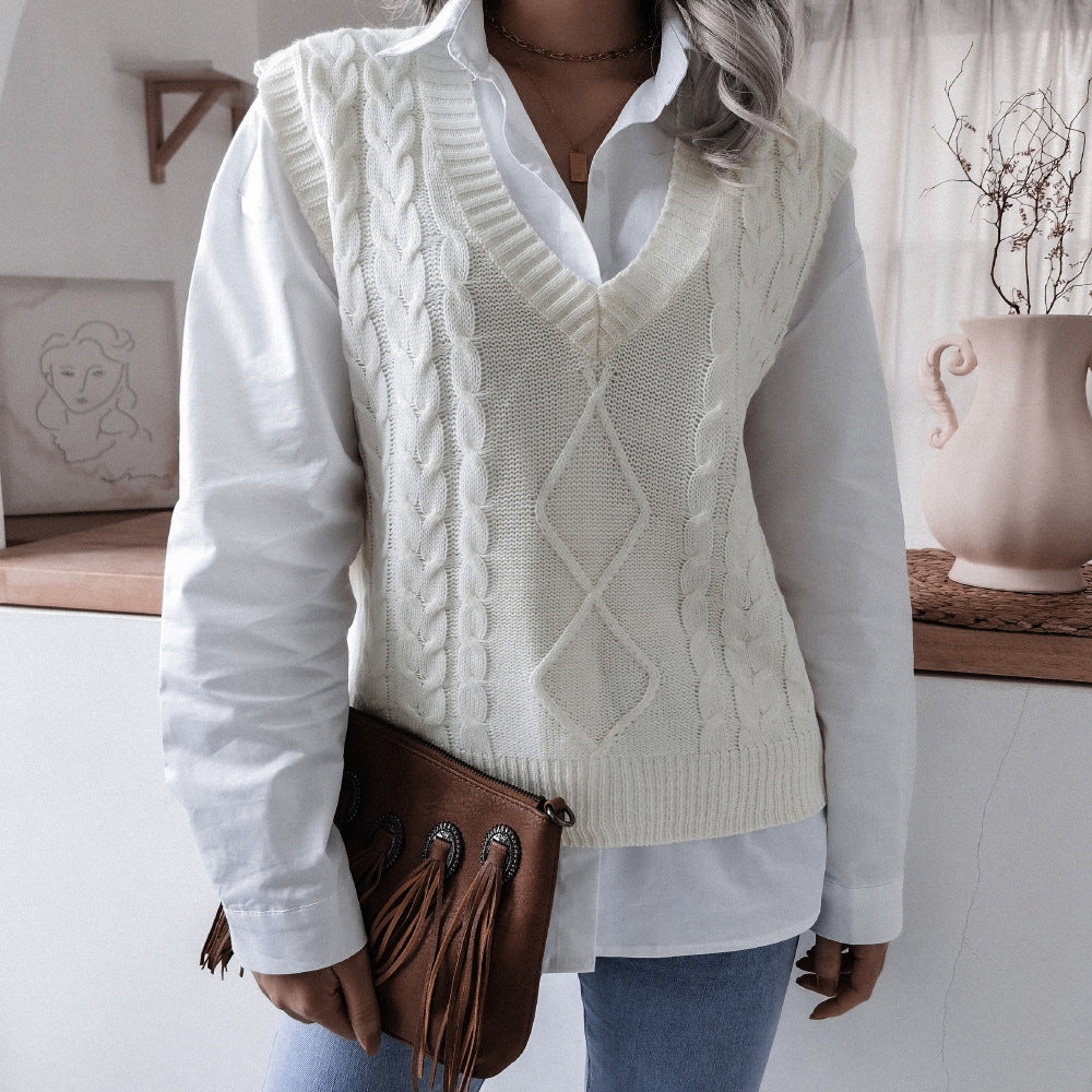 Autumn Winter V neck Twist Casual Loose Knitted Vest Sweater Waistcoat Women Clothing