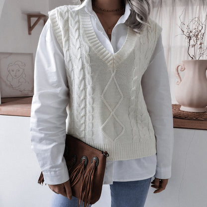 Autumn Winter V neck Twist Casual Loose Knitted Vest Sweater Waistcoat Women Clothing