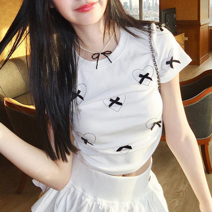 Sweet Girl Love Three Dimensional Bow Short Sleeved Top Summer Slim T shirt Women Outer Wear