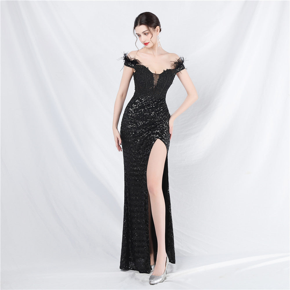 Ostrich Feather Lace Rhinestone Court Vest Boning Corset Waist Tight High End Evening Dress