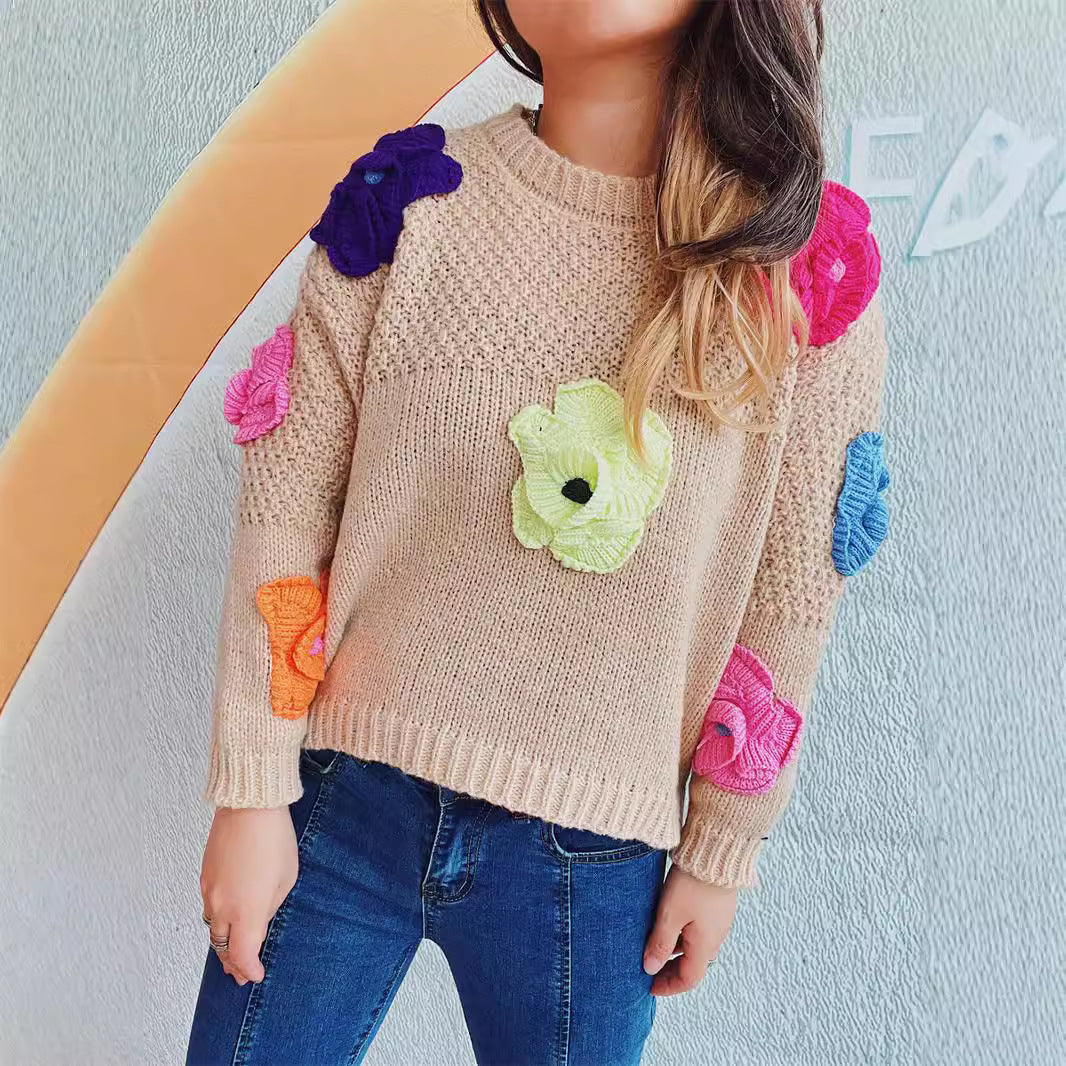 Autumn Winter Cute Sweet Tridimensional Hand Crochet Floral Candy Color Short Sweater Pullover