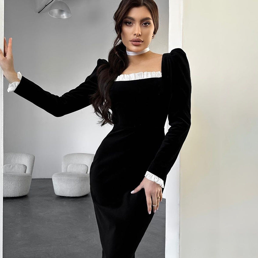 Autumn Black Sexy Slim Knit Korean Velvet Long Sleeve Split Contrasting Color Dress Office Short Dress