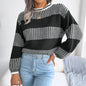 Autumn Winter Casual Contrast Color Striped Long Sleeve Knitted Sweater Women Clothing
