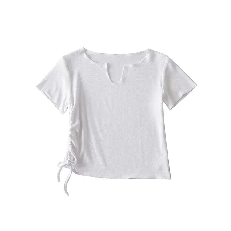 Comfort Casual Drawstring Short Sleeve Top Slim Fit Short Inner Spring Summer T shirt for Women