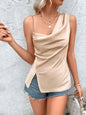 Women Clothing French Minority Oblique Shoulder Tops Pleated off Shoulder Chain Sling