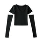 V neck Bottoming Shirt Women Early Spring Street Slim Fit Underwear Short Sleeved T shirt Long Sleeve Oversleeve