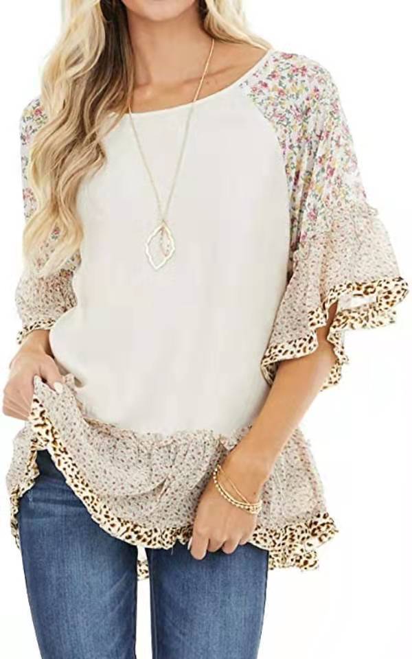 Spring Summer Women Clothing Batwing Sleeve Color Blocking Leopard Floral Print Mid Length Sleeves T Shirt