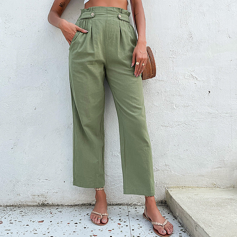 Summer Women Solid Color Cropped Straight Casual Pants