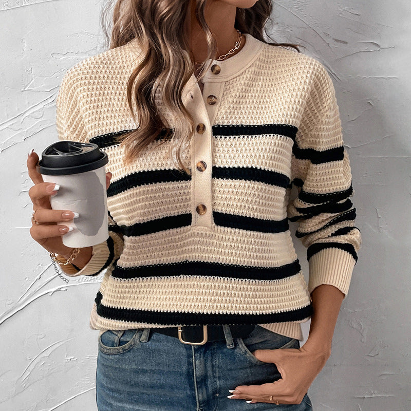 Top Autumn Winter Women Clothing Striped Contrast Color Sweater