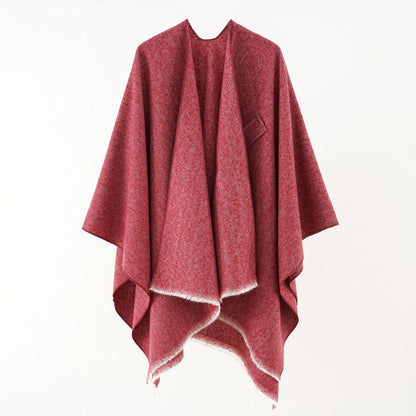 Solid Color Cashmere like Large Split Shawl Warm Monochrome Cloak Plain Cloak