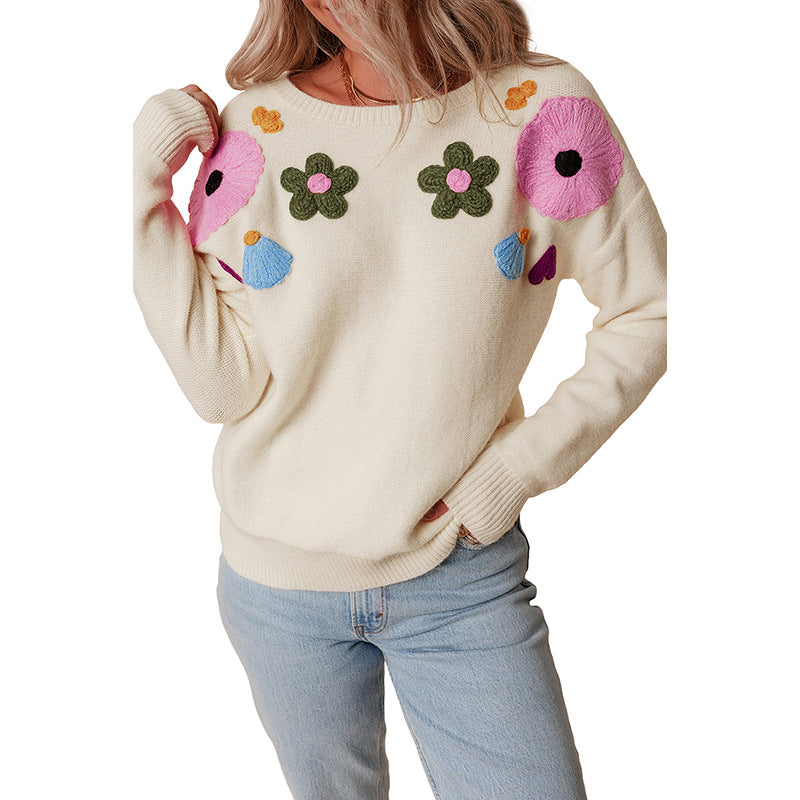 Summer Round Neck Knitted Top Women All Match Floral Embroidered Sweater