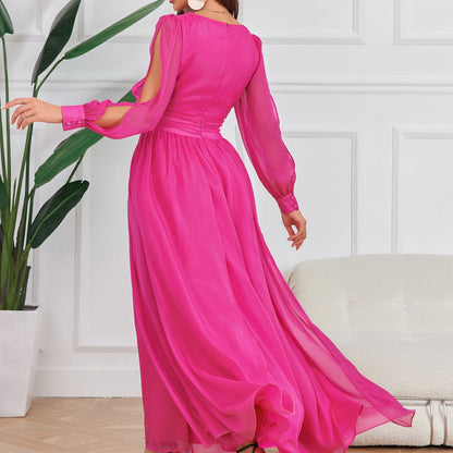 Solid Color Low Cut Sexy Slimming Youthful Looking Retro Party Cocktail Large Mop Chiffon Dress