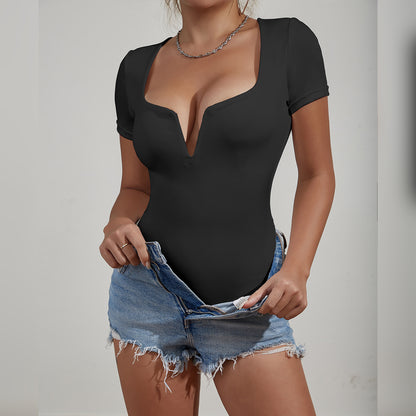 Bodysuit Deep V Plunge Neck Short Sleeve Sexy Tight Bodysuit