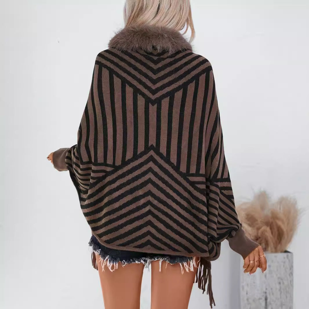 Autumn Winter Striped Tassel Knitted Shawl Cape All Match Cloak Outer Scarf Sweater Women