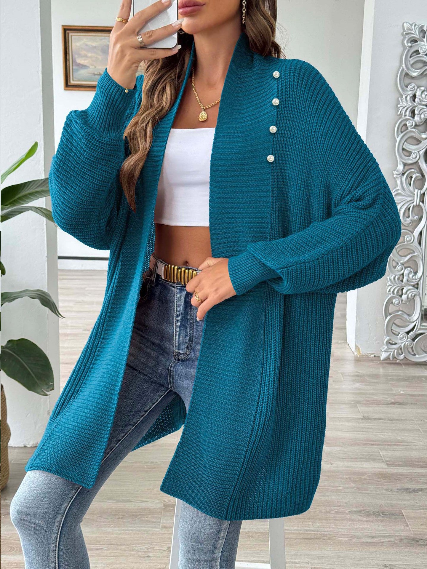 Women Autumn Winter Coat Women Clothing Simple Loose Sweater Pearl Beaded Cardigan