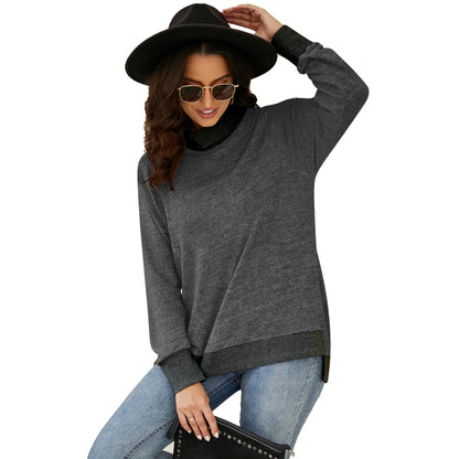 Autumn Winter Long Sleeve High Collar Loose Contrasting Color Cuff Scarf T shirt Top Women