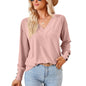 Autumn Winter Solid Color V neck Jacquard Button Loose Fitting T shirt Top Women Clothing